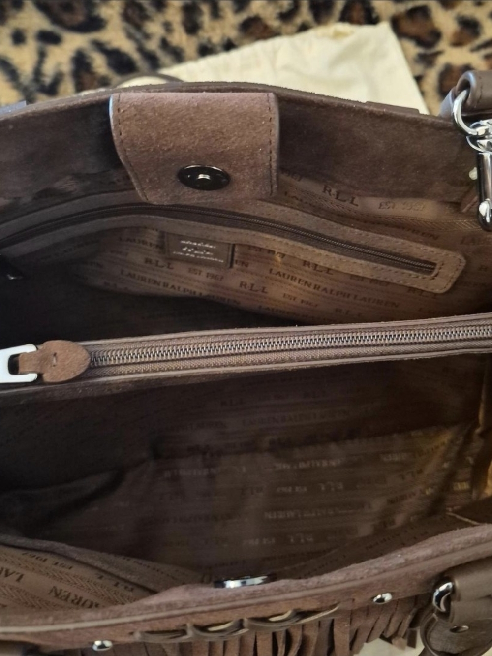 Lauren Ralph Lauren Chocolate Brown Suede Fringe Tote with Braided Trim - Picture 3 of 8